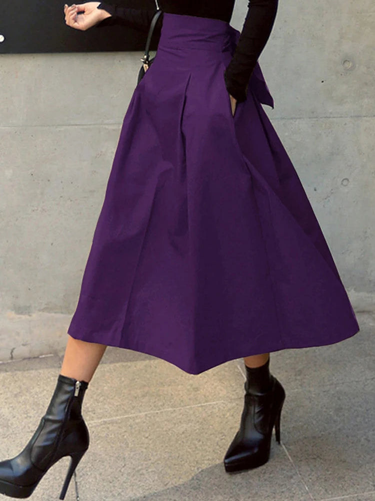 Stylish Solid A-line Skirts for Women Preppy School Style High Elastic Waist Long Skirt With Bow Woman Clothing Women's Skirts