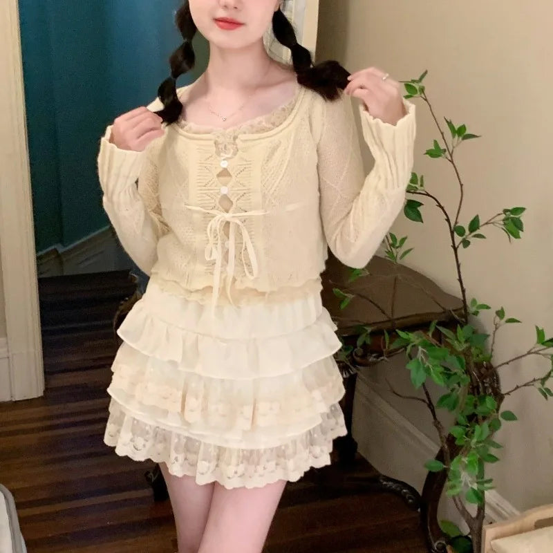 Japanese Cute Women Skirt High Waist White Jupe Patchwork Lace Sweet Saia 2025 Fashion Summer Mini Skirts