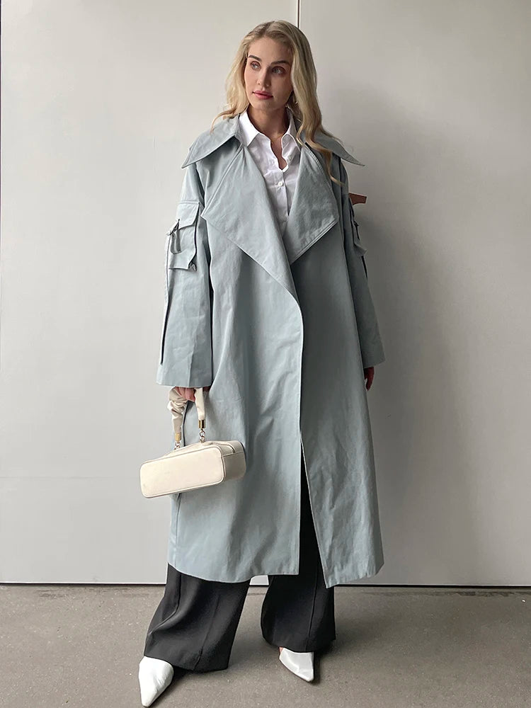 2024 Spring Fall New Korea style Women's Oversized Cotton Long Trench Coat With Belt Casual Female Windbreaker