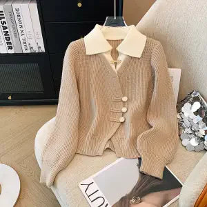 2025 Autumn Winter New Splicing Fake Two Pieces Knitted Cardigan Sweater Women Jacket Fashion Knitwear Loose Ladies Tops B693