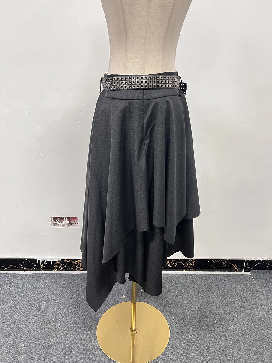 TWOTWINSTYLE Solid Patchwork Belt Loose Skirts For Women High Waiat Irregular Elegant Skirts Female Fashion Style Clothes New