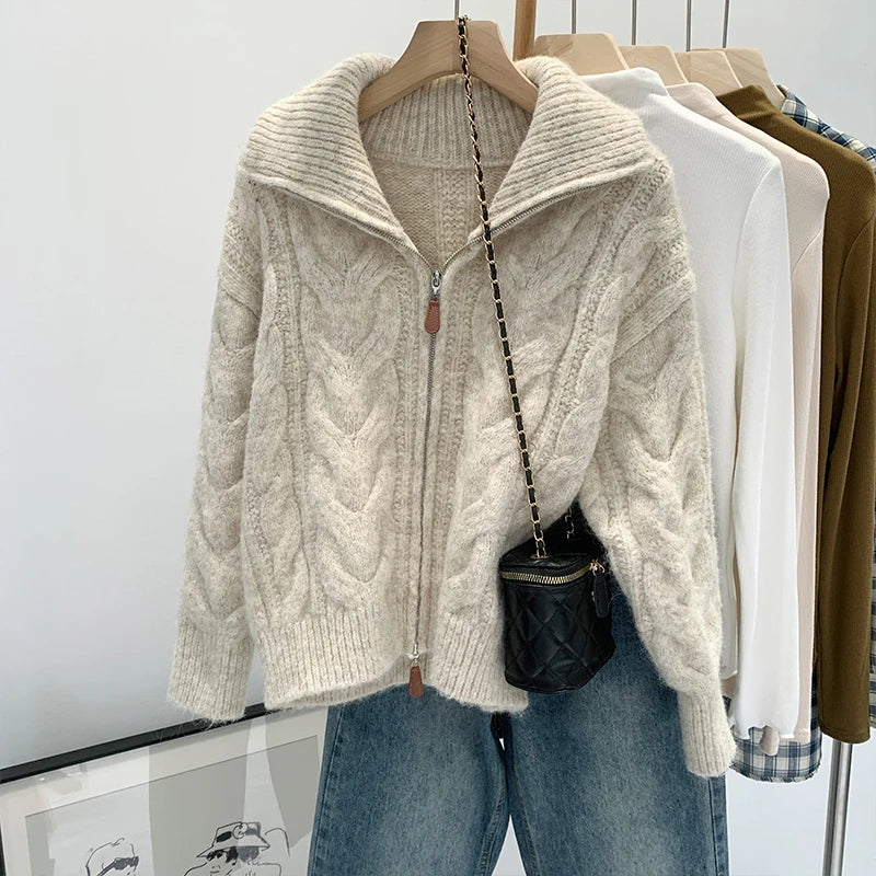 HELIAR Women Fall Winter New Casual Loose Knitted Cardigan Retro Solid Double Zipper Turn-down Collar Sweater Thicken Loose Tops