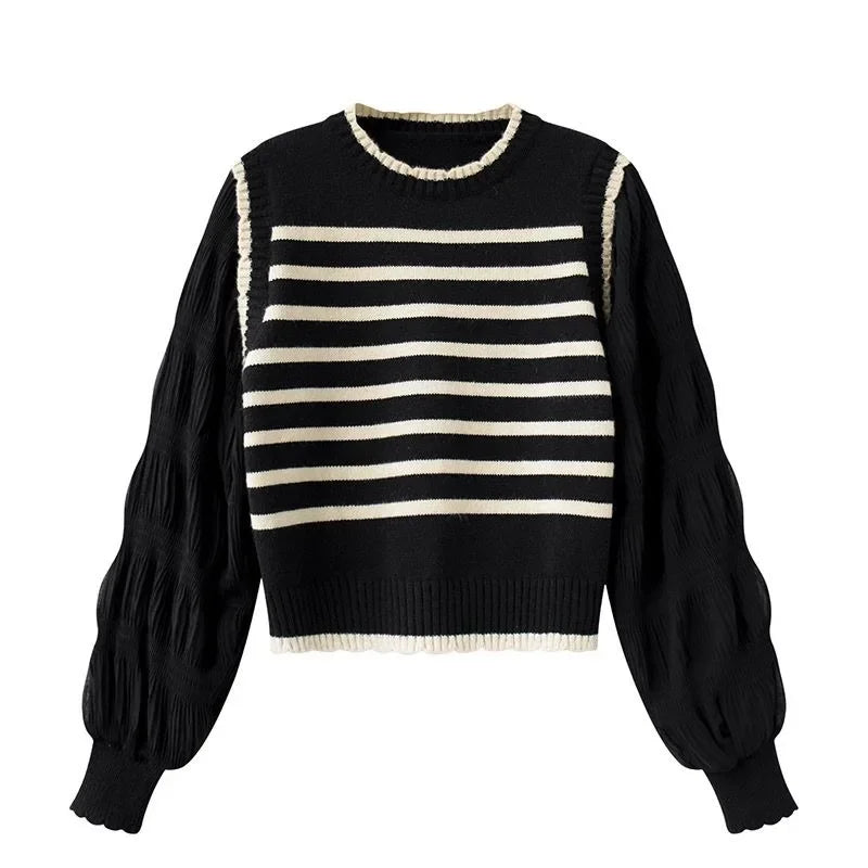 2025 Women Black and White Striped Fake Two-Piece Knitted Sweaters Autumn Winter Korean Soft Glutinous Pullover Sweater Female
