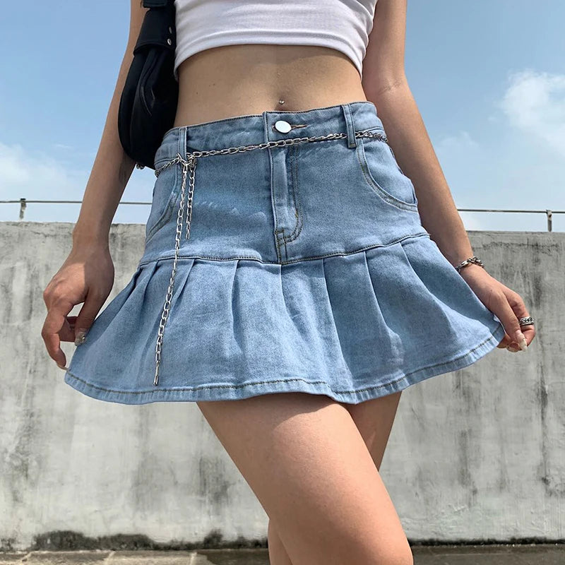 Harajuku Punk Y2K Denim Mini Pleated Skirt Ladies Summer High Waist Jeans Shorts Skirts Women Ruffles Fashion Korean