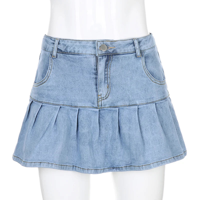 Harajuku Punk Y2K Denim Mini Pleated Skirt Ladies Summer High Waist Jeans Shorts Skirts Women Ruffles Fashion Korean