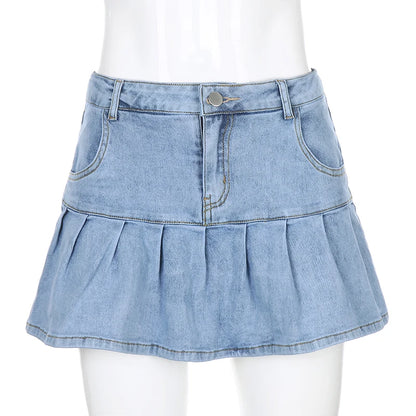 Harajuku Punk Y2K Denim Mini Pleated Skirt Ladies Summer High Waist Jeans Shorts Skirts Women Ruffles Fashion Korean