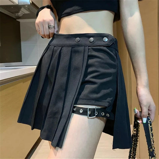Sexy Gothic Women Skirt High Waist Pleated Punk  Black Summer Skirts Girl's skirt with shorts