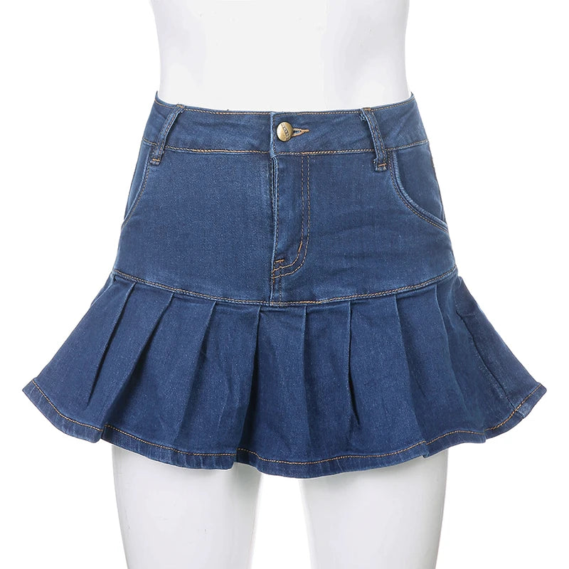 Harajuku Punk Y2K Denim Mini Pleated Skirt Ladies Summer High Waist Jeans Shorts Skirts Women Ruffles Fashion Korean