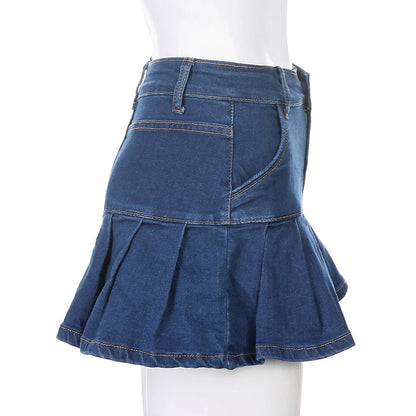 Harajuku Punk Y2K Denim Mini Pleated Skirt Ladies Summer High Waist Jeans Shorts Skirts Women Ruffles Fashion Korean