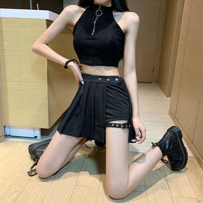 Sexy Gothic Women Skirt High Waist Pleated Punk  Black Summer Skirts Girl's skirt with shorts