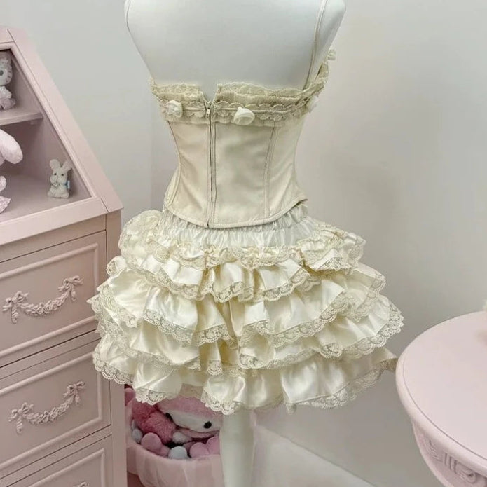 Sweet Harajuku Lolita Princess Skirt Suits Japanese Design Sense Women Bow Tank Tops Mini Cake Skirts Lace Hot Chick 2 Piece Set