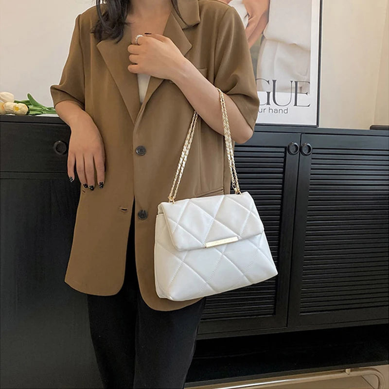 Plaid Thread Women Handbags Lady Underarm Shoulder Bag Large Capacity Commuting Tote Bag PU Leather Chain Strap Crossbody Bag