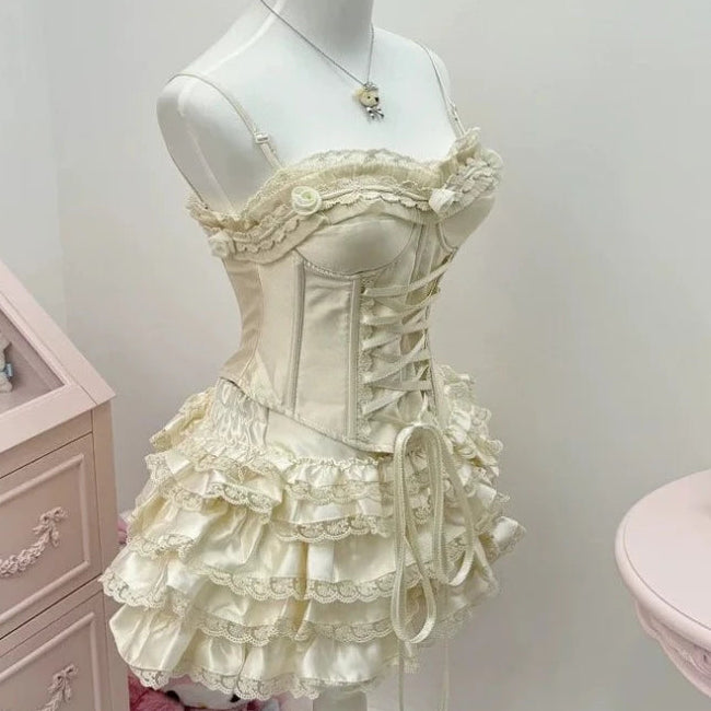 Sweet Harajuku Lolita Princess Skirt Suits Japanese Design Sense Women Bow Tank Tops Mini Cake Skirts Lace Hot Chick 2 Piece Set