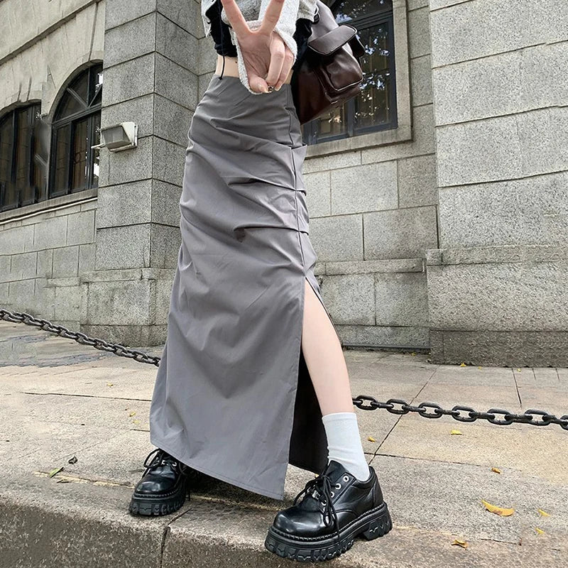 High Waist Pleated Skirt for Women Korean Fashion Streetwear Sexy Slit Midi Skirt Y2K Loose Hip Hop All-Match Female Cargo Skirt