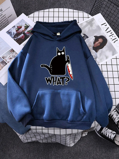 Hoody Little Black Cat And Knife Sweatshirt With Hooded Woman Oversized Aesthetic Hoodie Womens Winter Female Cats Hoodies