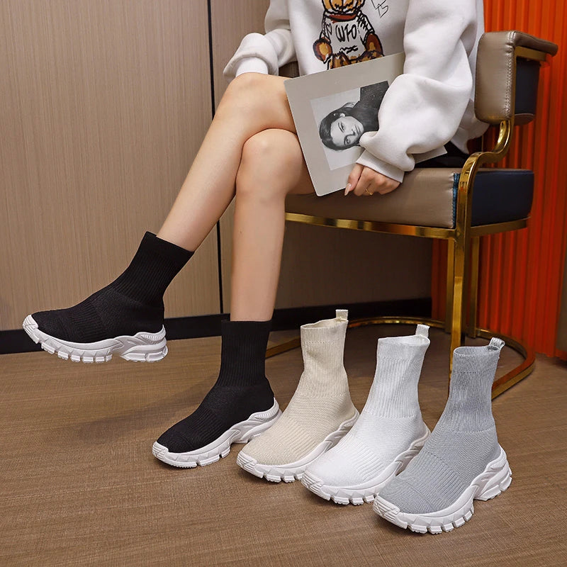 Knit Socks Boots Womens Fashion Trends New Sports Shoes Platform Chelsea Slip-on Casual Elegant Black Sneaker
