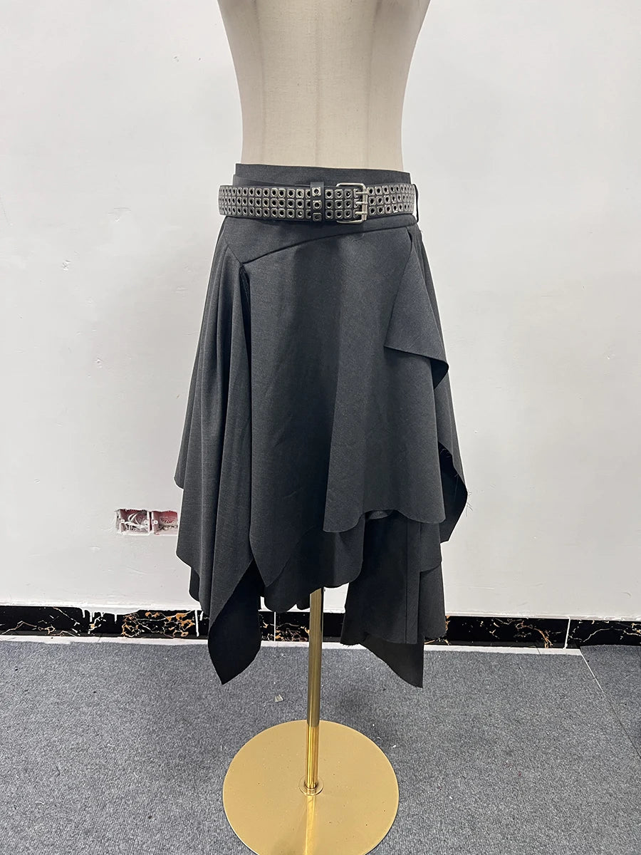 TWOTWINSTYLE Solid Patchwork Belt Loose Skirts For Women High Waiat Irregular Elegant Skirts Female Fashion Style Clothes New