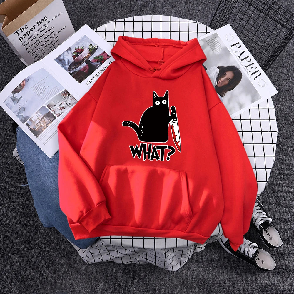Hoody Little Black Cat And Knife Sweatshirt With Hooded Woman Oversized Aesthetic Hoodie Womens Winter Female Cats Hoodies
