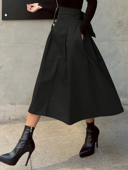 Stylish Solid A-line Skirts for Women Preppy School Style High Elastic Waist Long Skirt With Bow Woman Clothing Women's Skirts