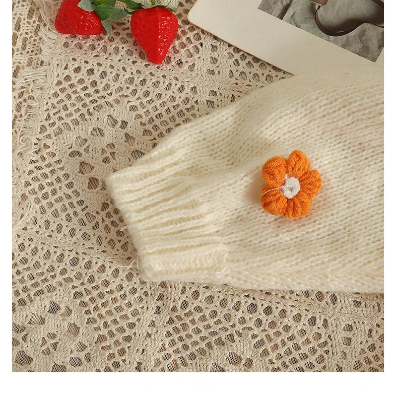 Autumn Colourful Applique Flower Cardigan for Women Cute Long  V-neck Knit Crop Sweater Girl Soft Knitwear