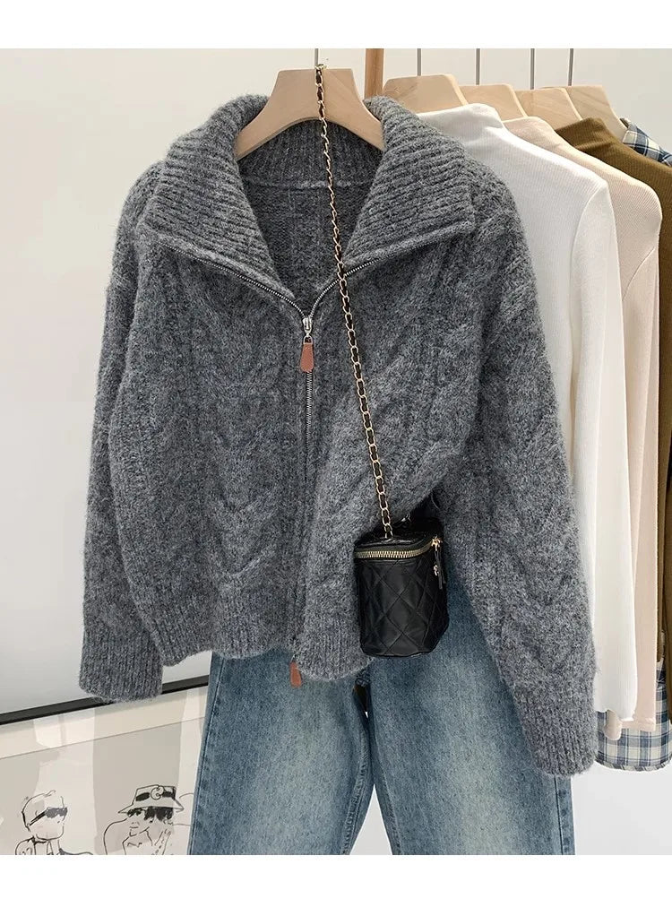 HELIAR Women Fall Winter New Casual Loose Knitted Cardigan Retro Solid Double Zipper Turn-down Collar Sweater Thicken Loose Tops