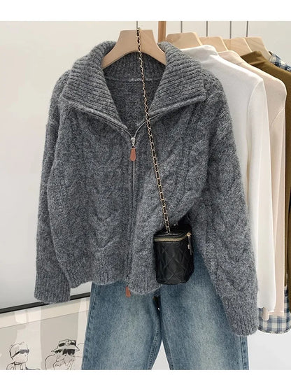 HELIAR Women Fall Winter New Casual Loose Knitted Cardigan Retro Solid Double Zipper Turn-down Collar Sweater Thicken Loose Tops