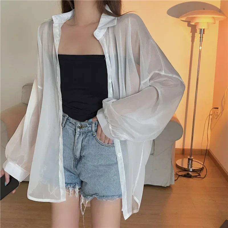 Oversized Shirt for Women Black White Thin Chiffon Collared Long Sleeve Button-Up Shirt Blouse Female Teen-girl Beach Cover Up
