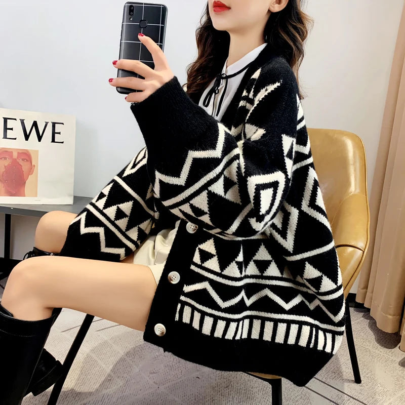 New Fashion Geometry Printing Knitted Caridgan Coat Autumn Winter Casual Loose Women Sweaters Office Lady Knitted Clothes