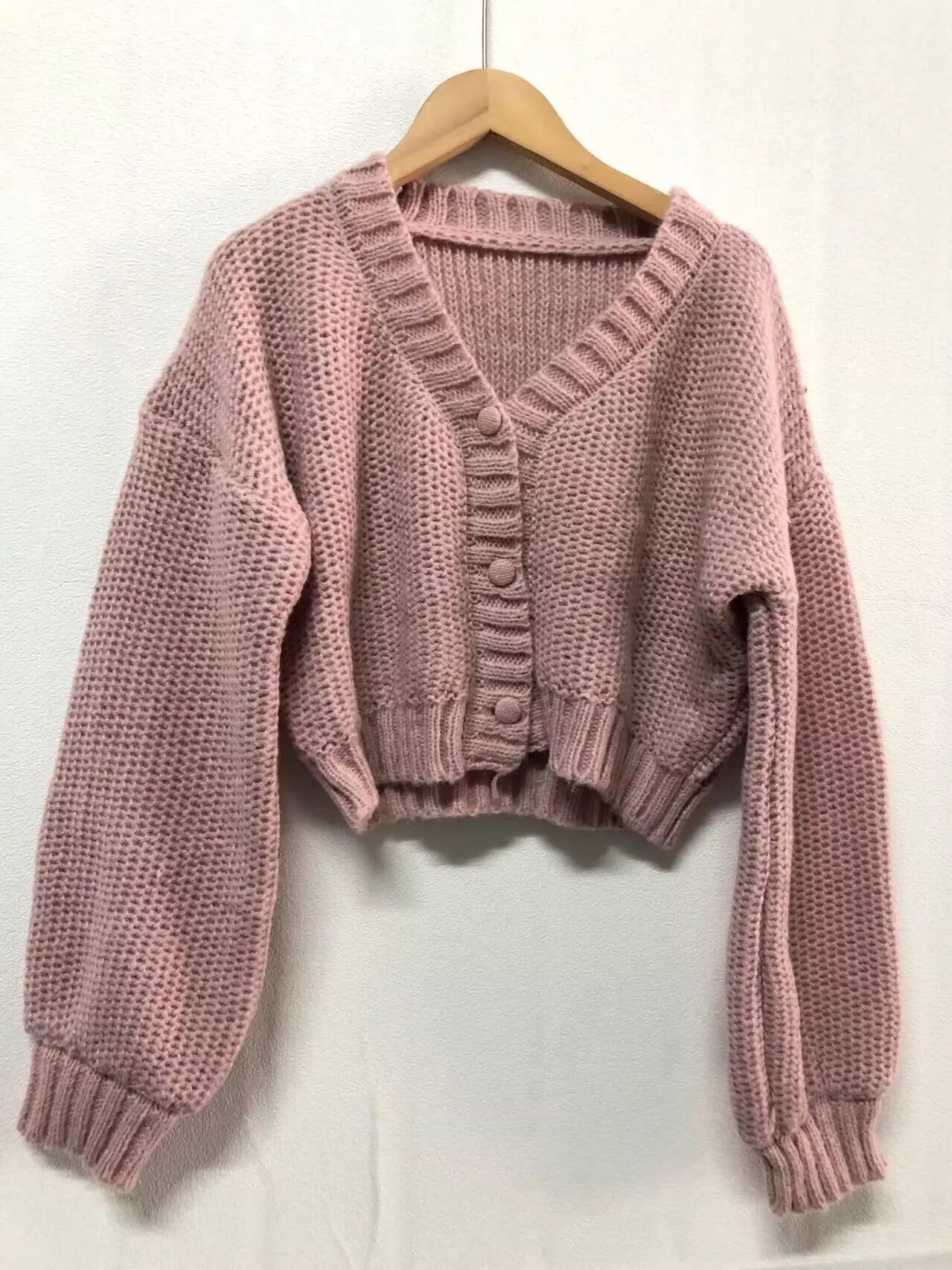 Short Knitted Cardigan Sweet Korean V Neck Lantern Sleeve Sweaters for Women Fall Wild Simple Cropped Pink  Coat