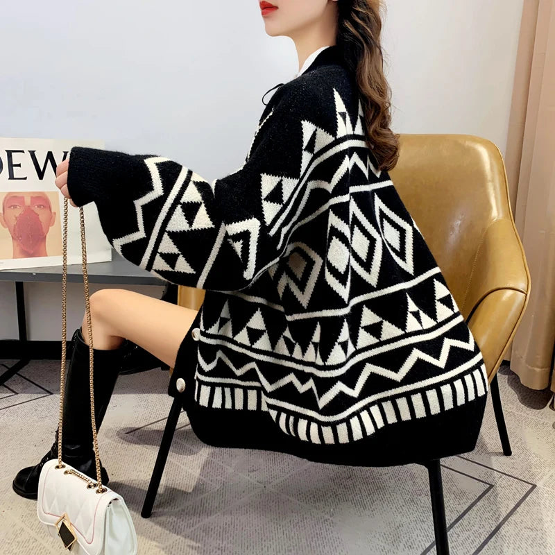New Fashion Geometry Printing Knitted Caridgan Coat Autumn Winter Casual Loose Women Sweaters Office Lady Knitted Clothes