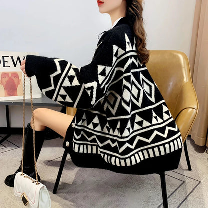 New Fashion Geometry Printing Knitted Caridgan Coat Autumn Winter Casual Loose Women Sweaters Office Lady Knitted Clothes