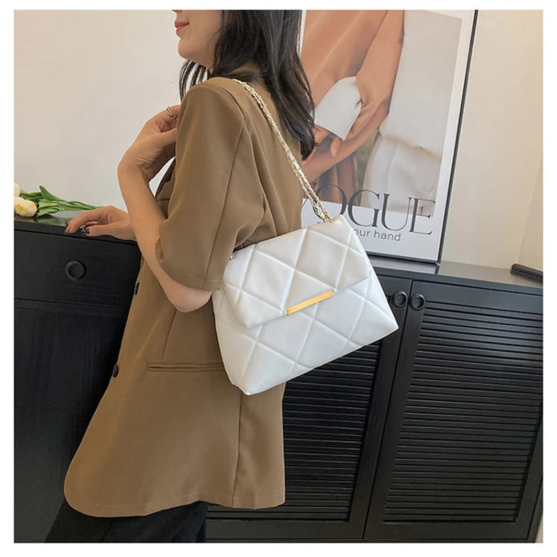 Plaid Thread Women Handbags Lady Underarm Shoulder Bag Large Capacity Commuting Tote Bag PU Leather Chain Strap Crossbody Bag