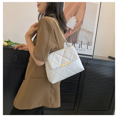 Plaid Thread Women Handbags Lady Underarm Shoulder Bag Large Capacity Commuting Tote Bag PU Leather Chain Strap Crossbody Bag