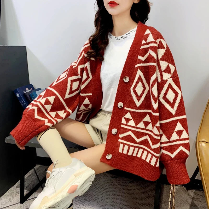 New Fashion Geometry Printing Knitted Caridgan Coat Autumn Winter Casual Loose Women Sweaters Office Lady Knitted Clothes