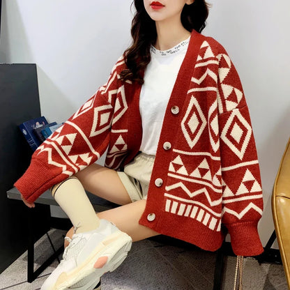 New Fashion Geometry Printing Knitted Caridgan Coat Autumn Winter Casual Loose Women Sweaters Office Lady Knitted Clothes