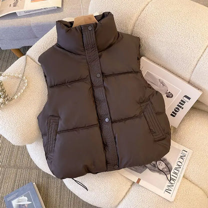Winter Short Down Cotton Sleeveless Vest Simple Solid Pockets Coats Warm Cold Resistant Waistcoat Drawstring Vest