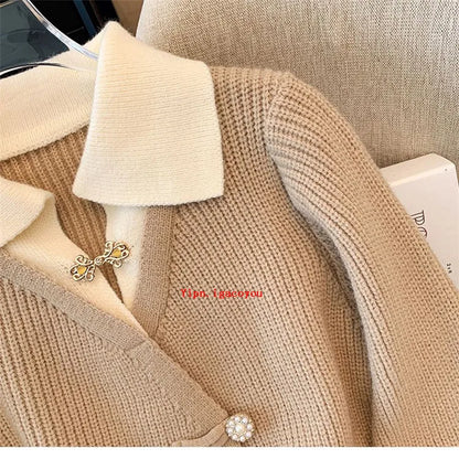 2025 Autumn Winter New Splicing Fake Two Pieces Knitted Cardigan Sweater Women Jacket Fashion Knitwear Loose Ladies Tops B693