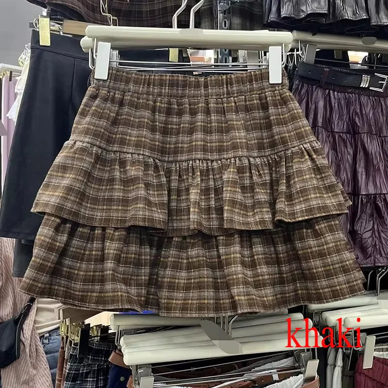 Japanese Y2k Cute Ruffled Plaid Skirt Punk Rock Subculture Cake Skirts Japanese Preppy Style Casual New 2025 Women Skirts