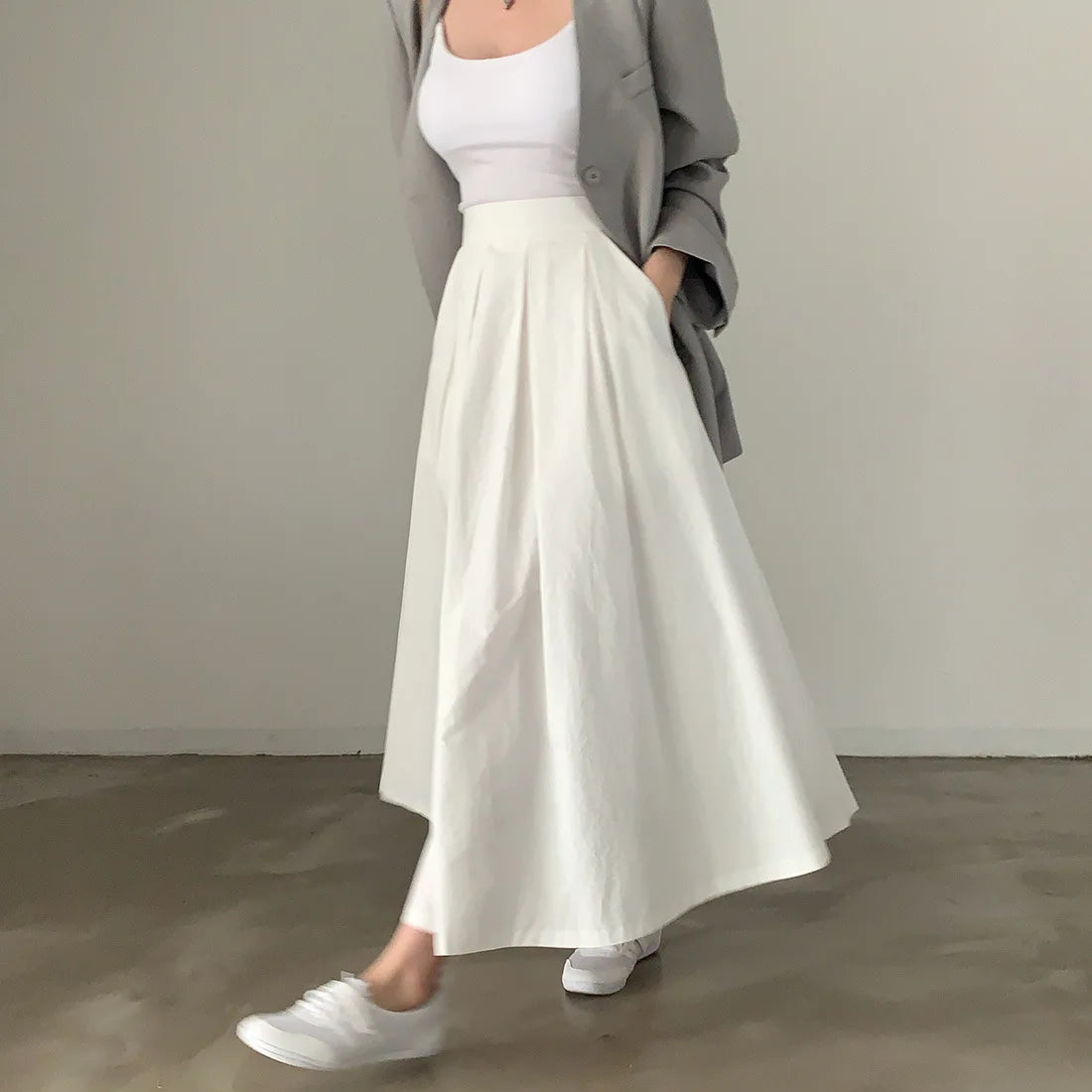2024 Women Elegant White Long Skirts High Waist A-Line Cotton Maxi Skirts Women Casual Skirts