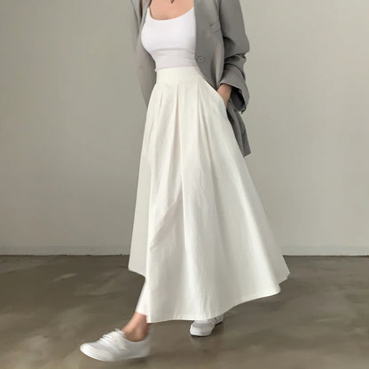 2024 Women Elegant White Long Skirts High Waist A-Line Cotton Maxi Skirts Women Casual Skirts