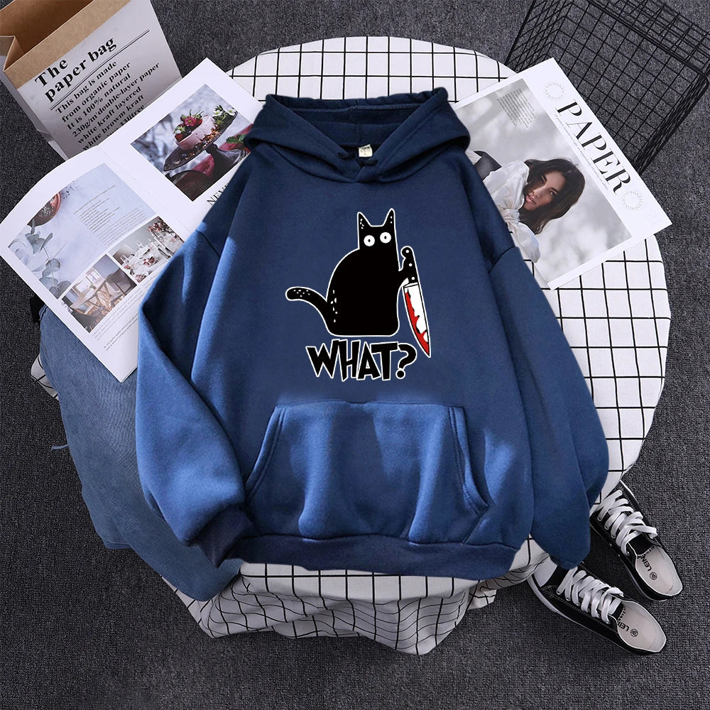 Hoody Little Black Cat And Knife Sweatshirt With Hooded Woman Oversized Aesthetic Hoodie Womens Winter Female Cats Hoodies