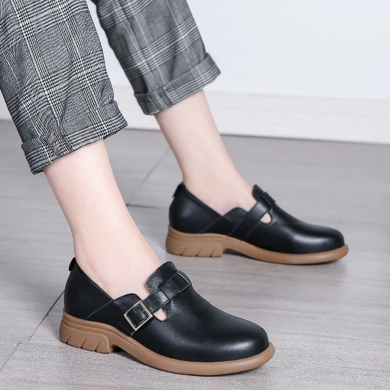 Loafers Women Spring Deep Single Shoes One Step Off Casual Shoes Leather Small Shoes British Style Platform Shoes Step-in
