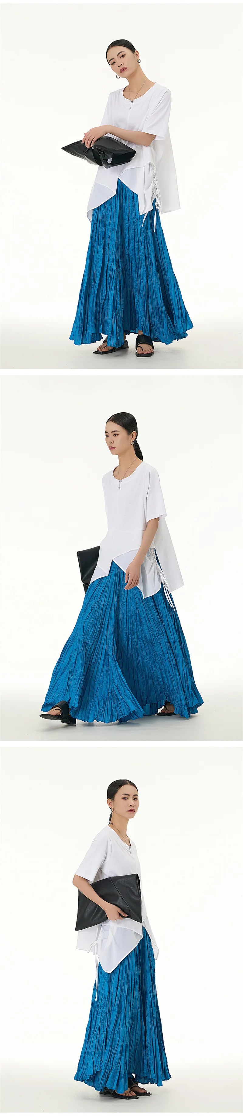 Elegant Drape Crumpled Skirts Women Summer Elastic Waist Big-Hem Long Skirts Large Size Loose Umbrella Skirts Female Streetwear