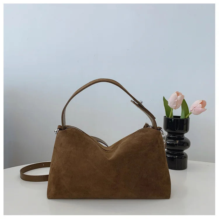 New Fashion Simple Fall Winter Spacious Boston Tote Bag Soft Matte Suede Design Women's Large Capacity Portable Hand Strap Bag