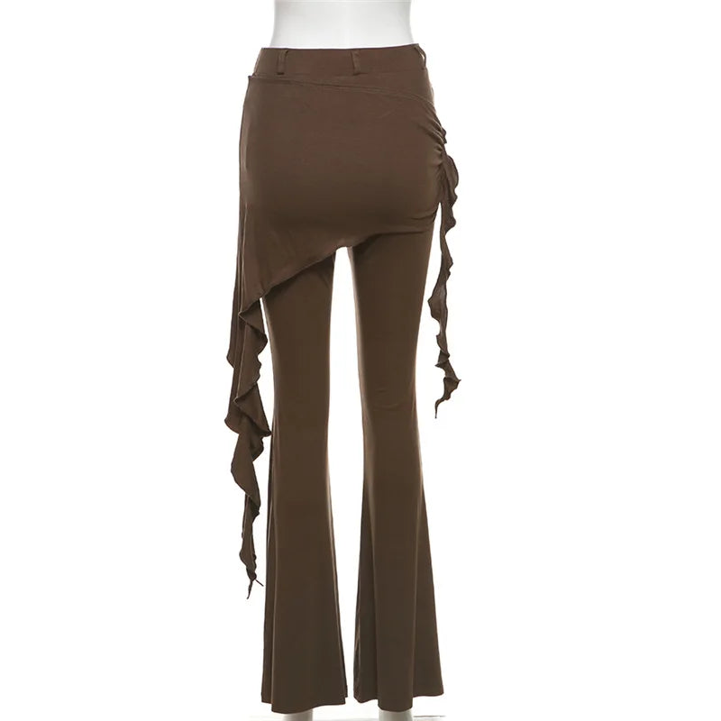 Casual Slim Folds Tie Flower Ruffles Flare Pants Casual Sexy Solid Mid-Waisted Wide Leg Pants Women 2024 Summer Fashion