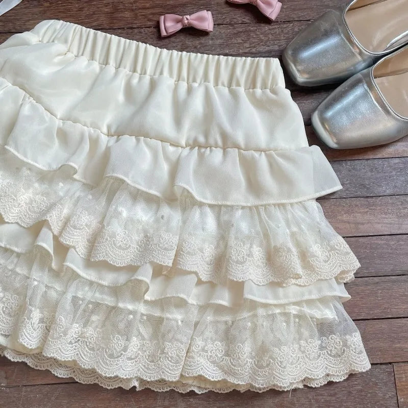 Japanese Cute Women Skirt High Waist White Jupe Patchwork Lace Sweet Saia 2025 Fashion Summer Mini Skirts