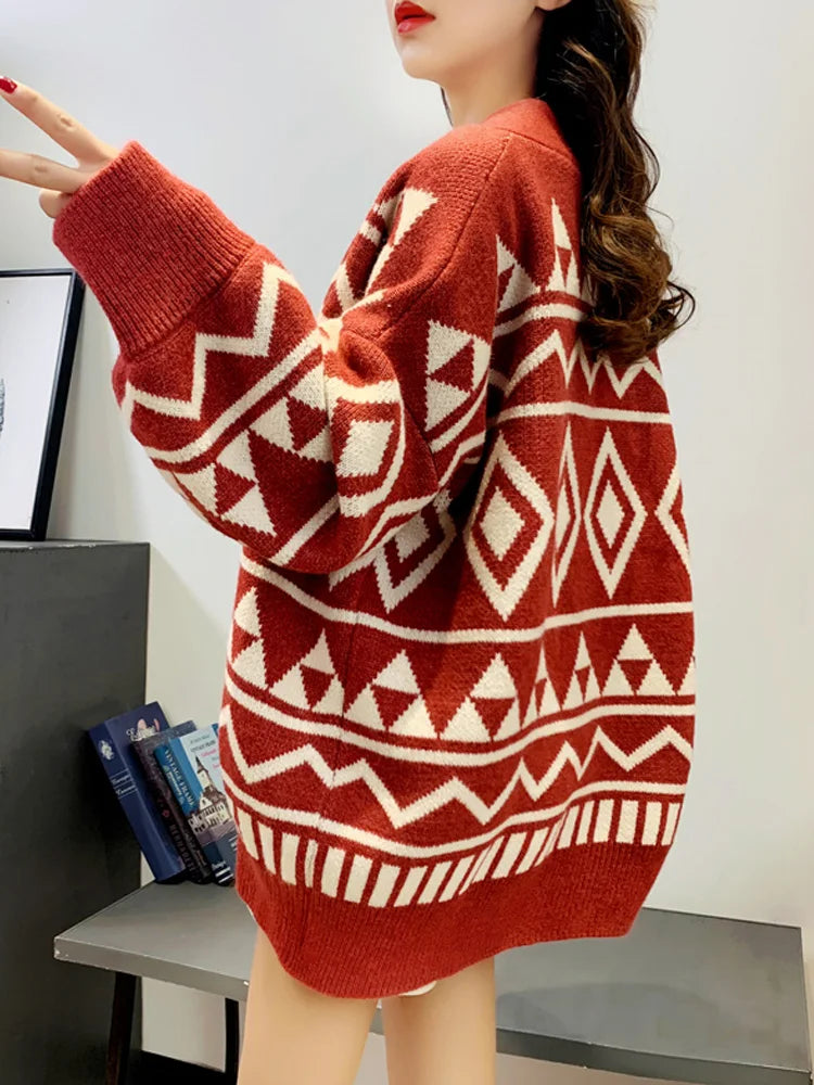 New Fashion Geometry Printing Knitted Caridgan Coat Autumn Winter Casual Loose Women Sweaters Office Lady Knitted Clothes