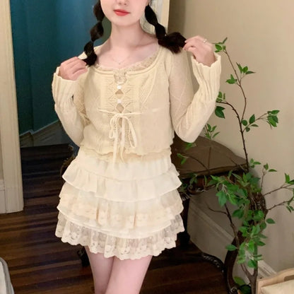 Japanese Cute Women Skirt High Waist White Jupe Patchwork Lace Sweet Saia 2025 Fashion Summer Mini Skirts
