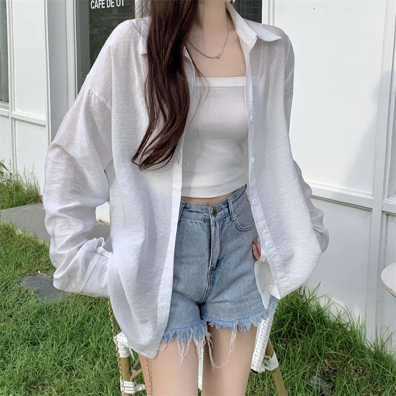 Breezy Button-Down Shirt for Women Long Sleeve Collared Lightweight Oversized Shirt Spring Summer Teenage Girl Basic Outfit