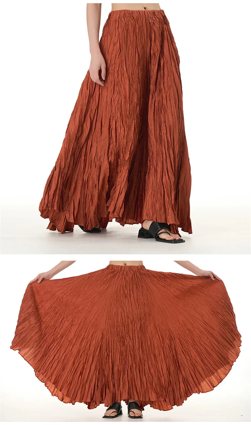 Elegant Drape Crumpled Skirts Women Summer Elastic Waist Big-Hem Long Skirts Large Size Loose Umbrella Skirts Female Streetwear
